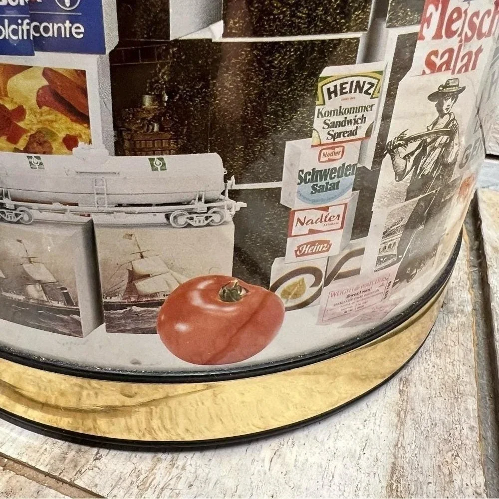 Vintage Retro Advertising Collage Ice Bucket Gold Tone Barware Mid Century